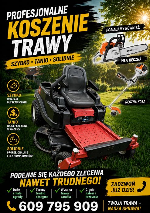 Koszenie trawy kosiarka zero skręt, ręczna