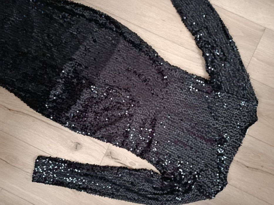 Sukienka cekinowa maxi czarna kobieca evening glam 34 stan b. Dobry