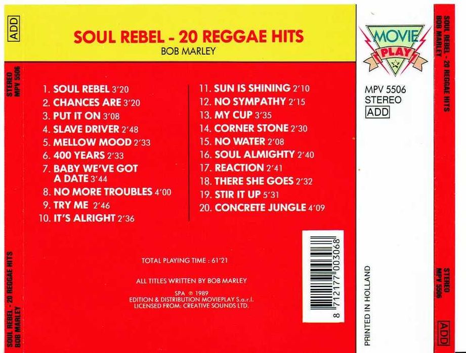 BOB MARLEY - Soul Rebel - 20 Reggae Hits CD 1989 20 Tracks