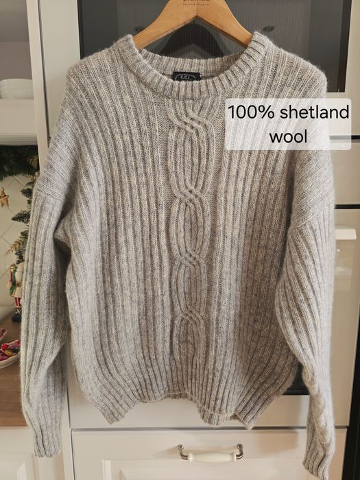 Sweter wełniany r.S szkocka wełna  szary warkocz