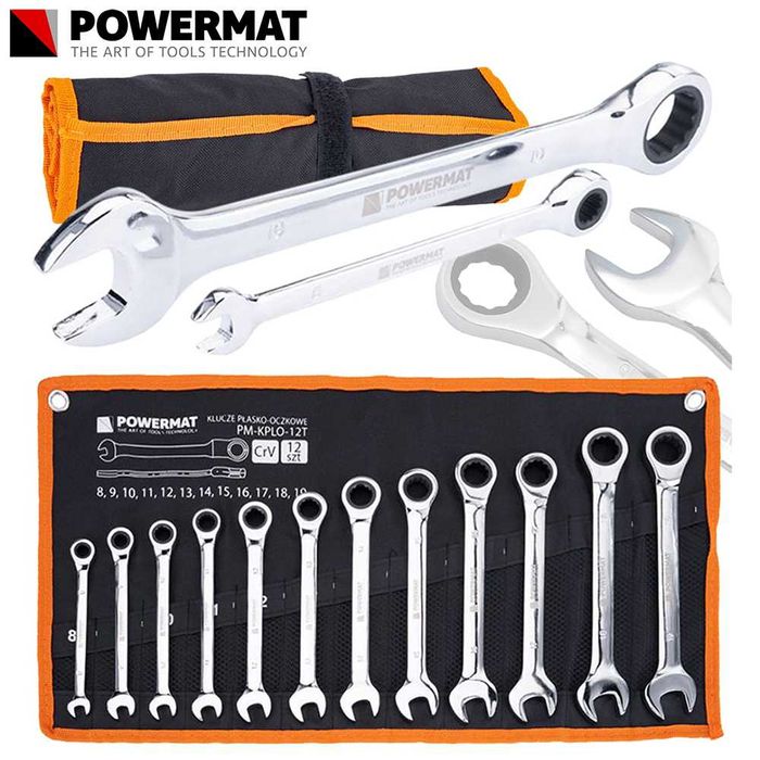 POWERMAT Klucze Płasko Oczkowe Zestaw Z Grzechotką 8-19mm 12el. PM1175