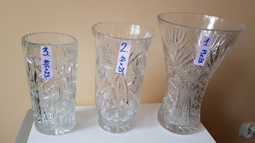 Komplet 3 piękne wazony kryształowe Huta Julia