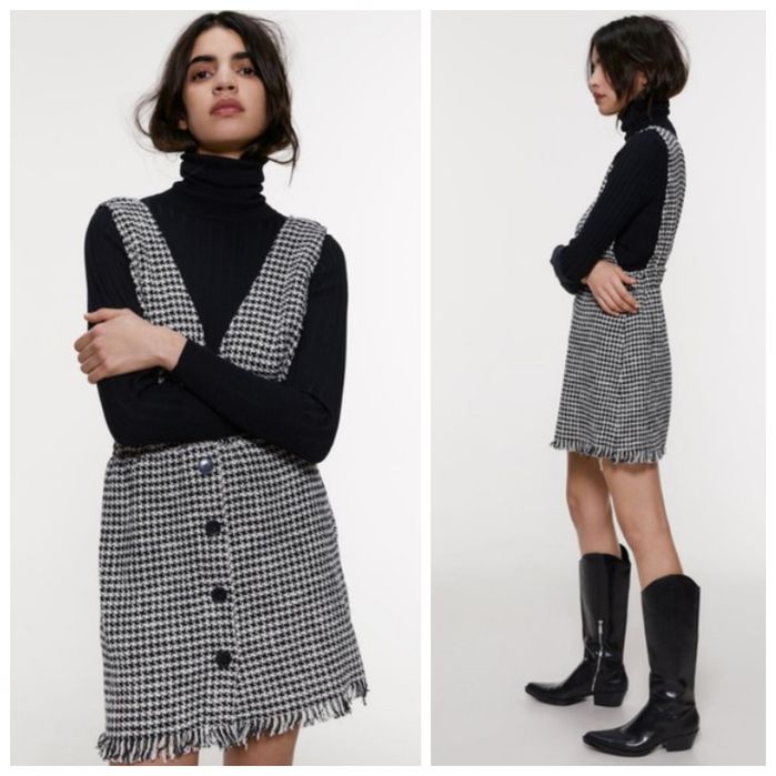 ZARA S tweedowa sukienka ogrodniczka na szelkach w pepitkę