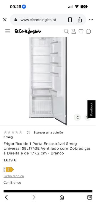 Frigorífico de 1 Porta Encastrável Smeg Universal S8L1743E Ventilado