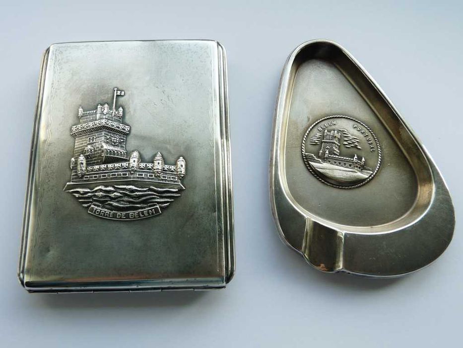 CIGARREIRA  e CINZEIRO de prata Torre de Belem