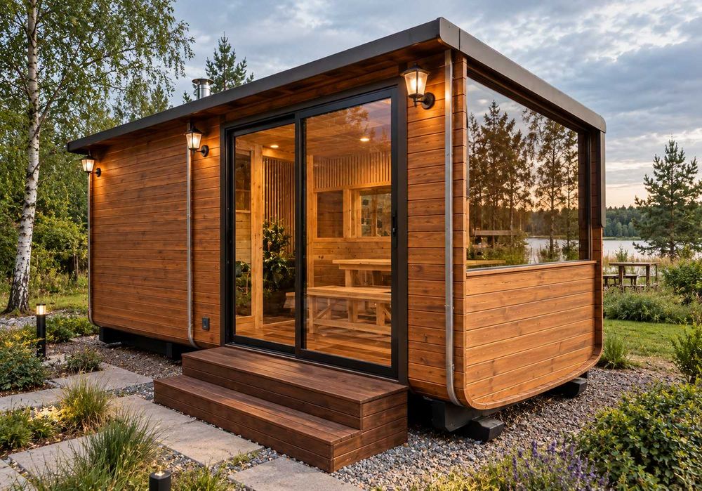 Sauna ogrodowa drewniana PING 5,0x2,4m beczka, ruska bania, fińska