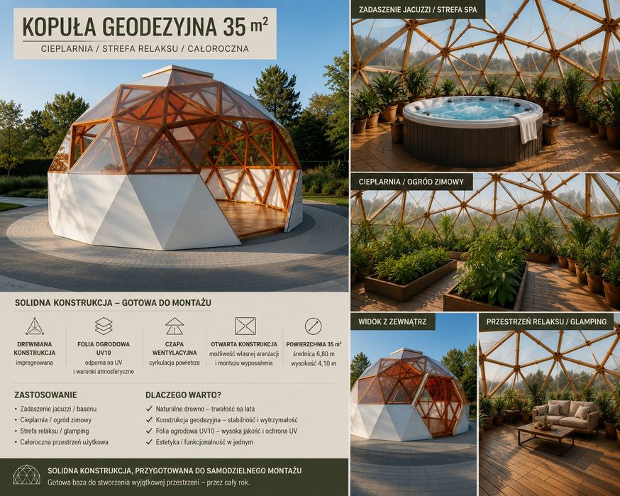 Kopuła geodezyjna 35 m² | Konstrukcja drewniana | Szklarnia | Zadaszenie basenu | Kawiarnia