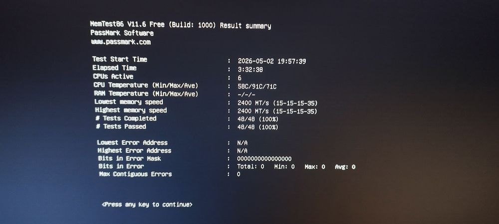 HYPERX - ddr4 16GB 2400MHZ cl15 fury rgb (Resultados MemTest86 com 0 erros)