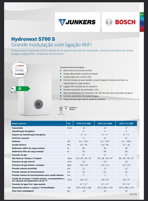 Esquentador Termostático JUNKERS Hydronext 17L 5700 S (estanque) Gas N