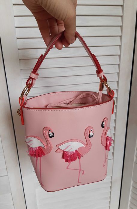 Стильная сумка ведро, сумочка в руку с фламинго