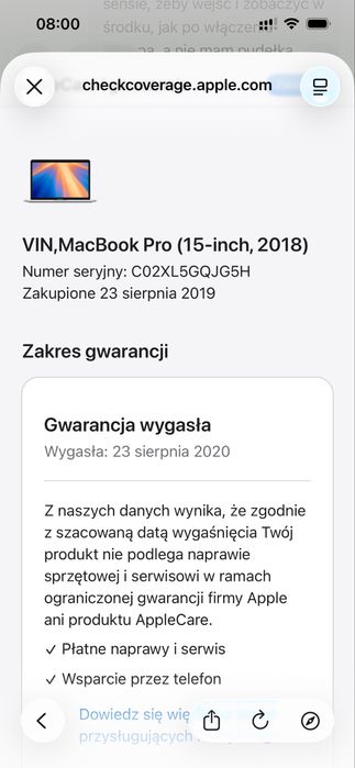 MacBook Pro 15” 2018 A1990 uszkodzony