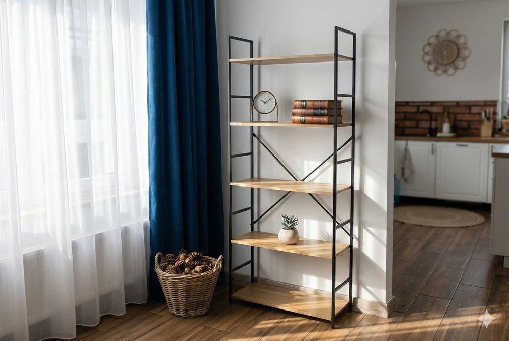 Regał na Książki 5 Półek 146x60x30cm | Półki Meble Półka Loft Metal Salon | Szafka Industrialna Dąb Czarny Stojąca Biuro Nowoczesna Nowy FV23%