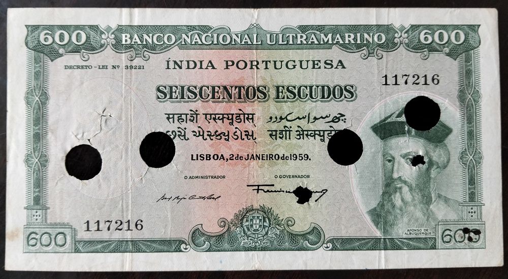 Nota 600$ 1959 Índia Portuguesa Estado Bela Raríssima
