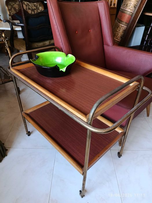 Carrinho de Chá Vintage Latão e Madeira 59 cm Anos 60