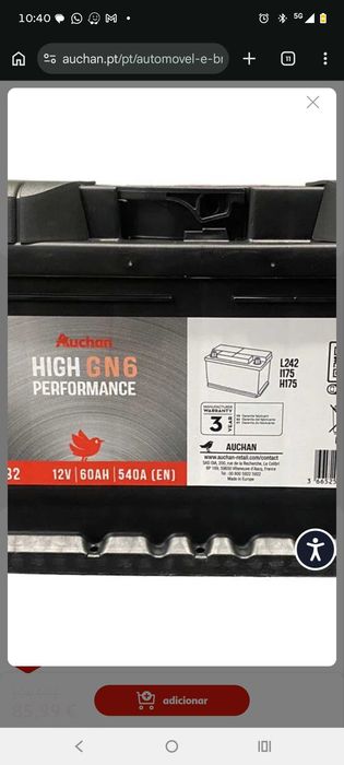 Bateria auto AUCHAN GN6 60AH/540A