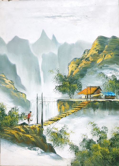 Antiga pintura chinesa - Paisagem - em óleo sobre tela - assinada