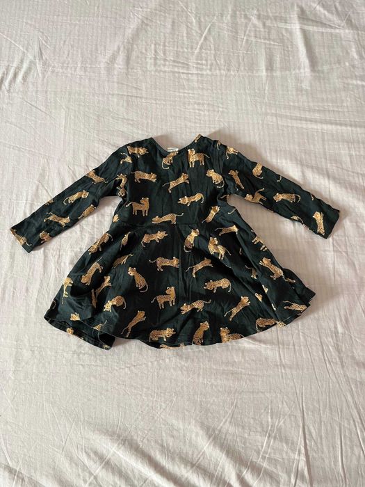 Vestido H&M verde-escuro com leopardos, manga comprida, 6-9 meses