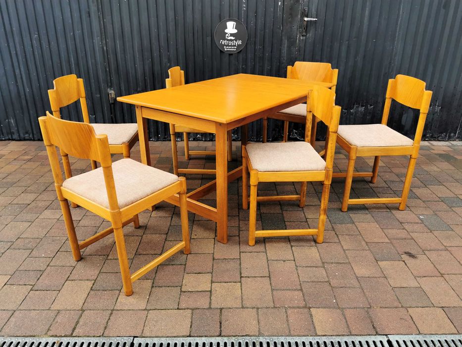 Stół + 6x krzesło- styl skandynawski, Czechosłowacja '70 Design, PRL