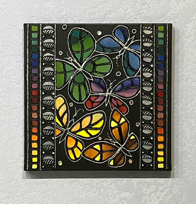 Картина Райдужні метелики, 30×30 акріл, авторська, гачечок у подарунок