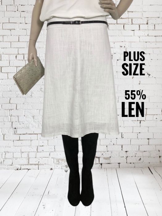 Biała lniana wiosenna spodnica midi Next za kolano do pracy 2XL XXL