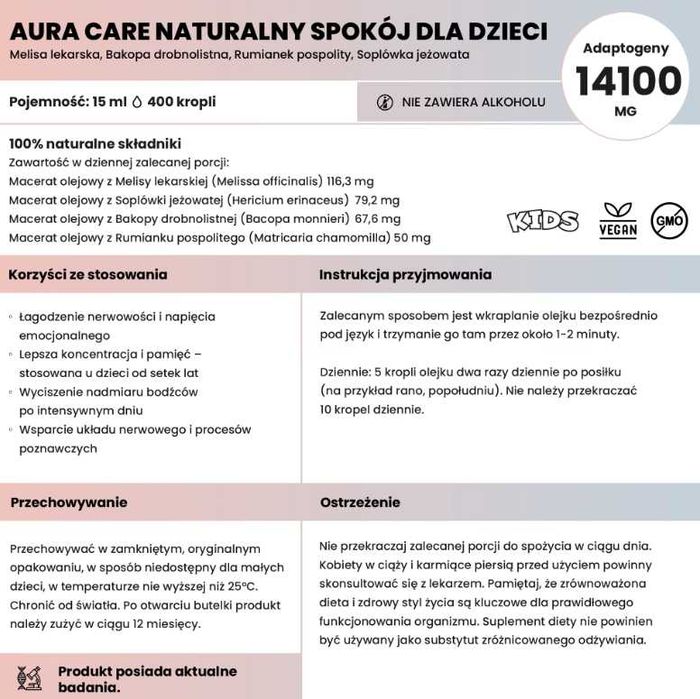 Aura Care KIDS Naturalny spokój dla dzieci Adaptogeny 15 ml