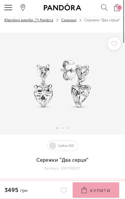 Срібні сережки Pandora  оригінал "Два серця"