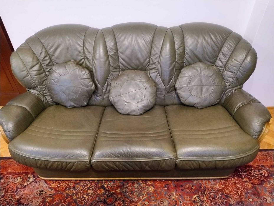 Zestaw wypoczynkowy sofa fotel skóra naturalna oliwka Kalwaria 3+2+1