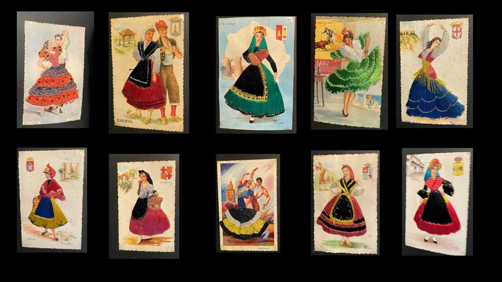 Álbum com 36 Postais Bordados Espanhóis – Trajes Regionais e Flamenco
