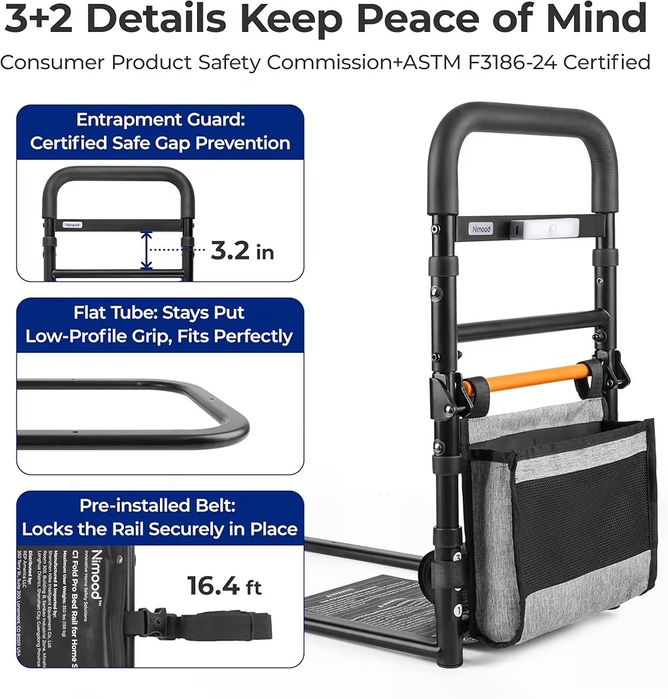C1 Fold Pro Bed Rails para idosos - Bed Cane Assist Rail para idosos com altura ajustável em luz ativada