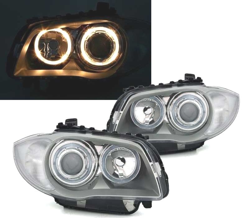 FARÓIS BMW E81 E87 E82 E88 OLHOS DE ANJO FUNDO CROMADO CINZA