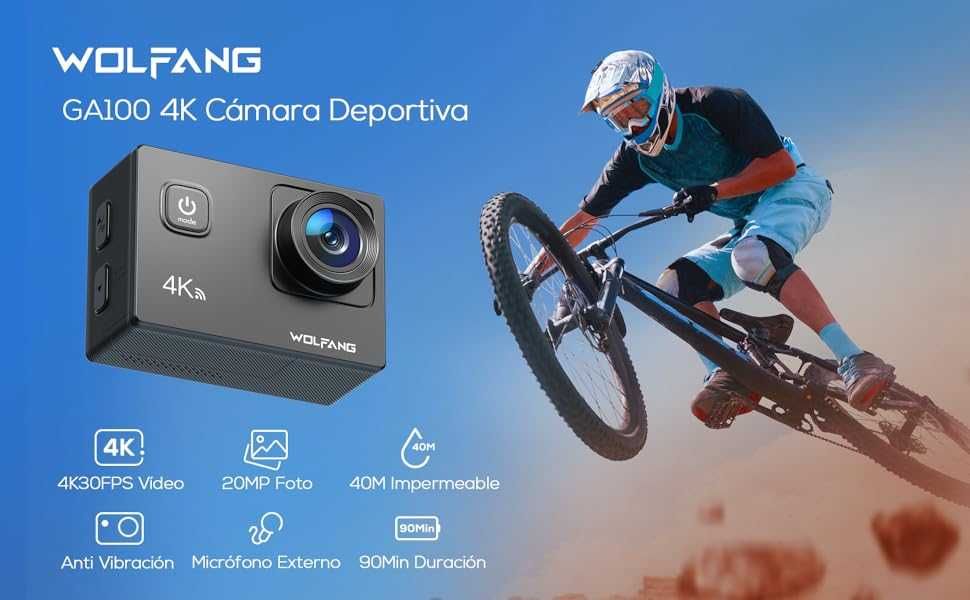 WOLFANG Cámara Deportiva GA100 4K 30FPS, Videocámara de Casco WiFi de 20MP con EIS Antivibración, 2 Baterías, Varios Accesorios