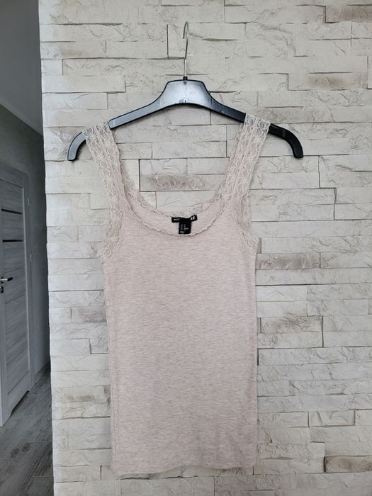Beżowa melanżowa podkoszulka na ramiączkach z koronką H&M basic XS/S