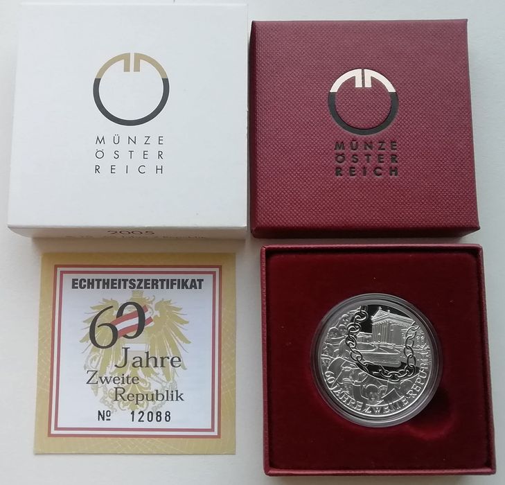 Австрія 10 євро 2005 р. СРІБЛО. 60 років Другій республіці. Пруф. Сертифікат. Набір.