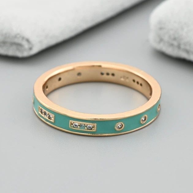 Каблучка Тасманія 40880 ширина 4 мм бірюзова емаль білі фіаніти позоло
