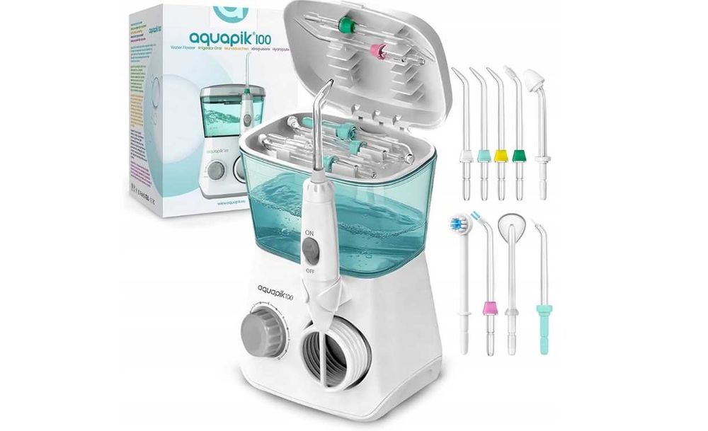 Aquapik 100 irygator dentystyczny 8ustnikami 10 poziomów ciśnienia