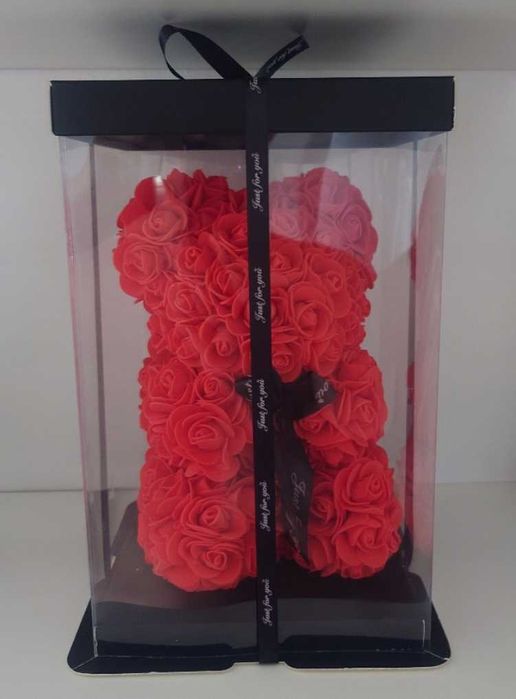Duży różany miś 25cm płatki róż + pudełko prezentowe