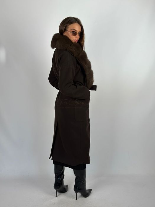 Жіноче шоколадне кашемірове пальто з натуральним хутро песця,42-56 р
