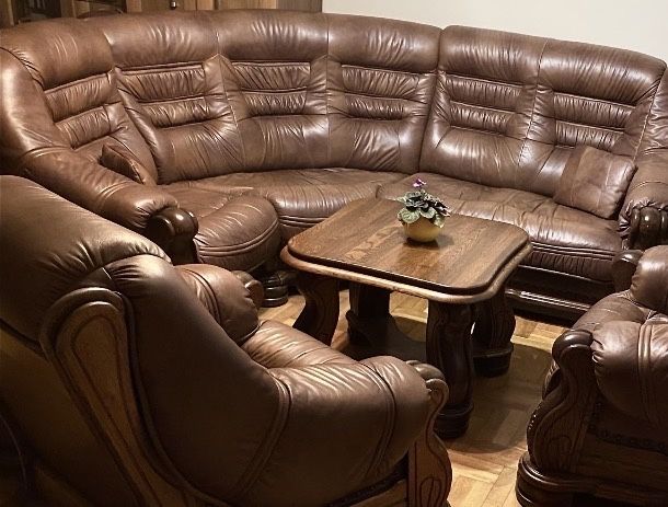 Kler Komplet wypoczynkowy skóra naturalna drewno dębowe zestaw mebli