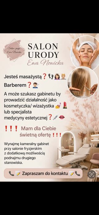 Wynajmę gabinet masażysta barber wizażystka kosmetyczka