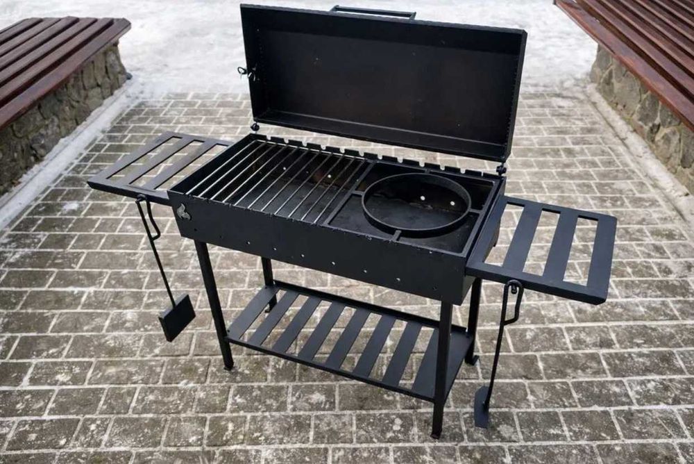 БЕЗКОШТОВНА доставка! Мангал з кришкою BBQ 4 мм на 13 шампурів, кришка, решітка-гриль, полиці, мангал для дома и дачи, гріль