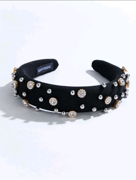 Nowa czarna bogato zdobiona opaska do włosów pałąk
