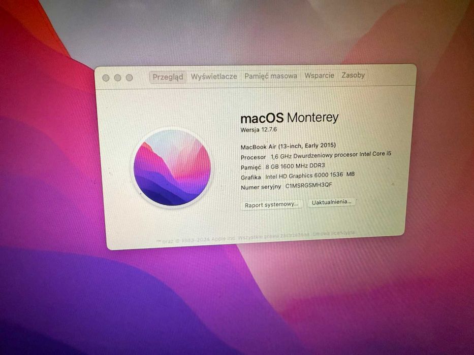 MacBook Air 2015 8GB/128GB bateria 33 cykle