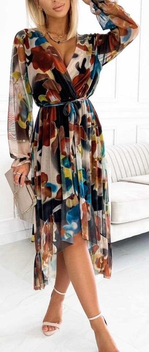 Asymetryczna sukienka midi z falbaną wzór 4- HIT !