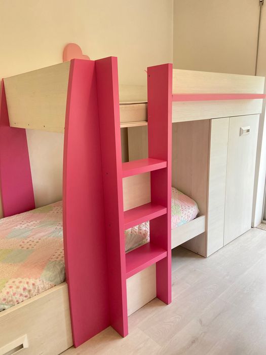 Beliche Infantil Cor-de-rosa com Armário e Gaveta - Colchões Opcionais