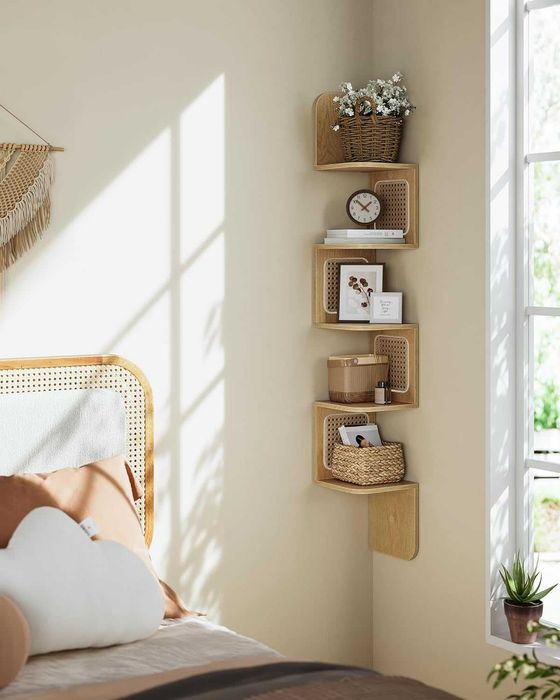 Półka narożna ścienna 5-poziomowa kształt zygzaka rattan PCV BOHO