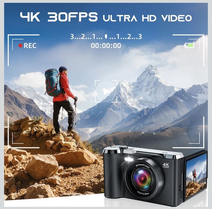 Цифрова 4К камера, 56 Мп,зум ×16, sd карта 32 Гб, автофокус, спалах.