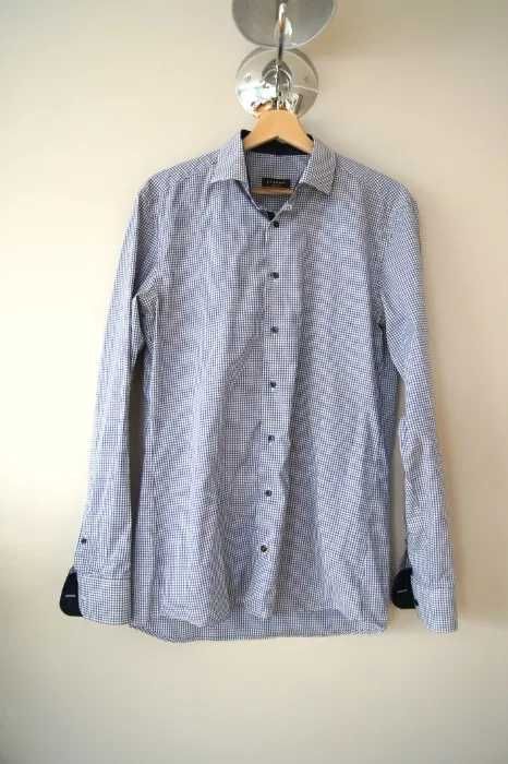 Eterna ciemnoszara kraciana koszula meska w krate slim fit 40 L kratke