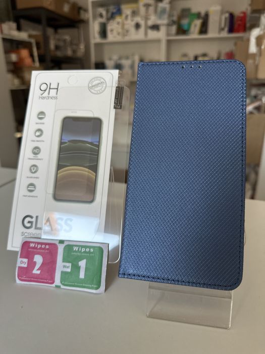 Szkło hartowane i etui zamykane niebieskie do MOTOROLA G75