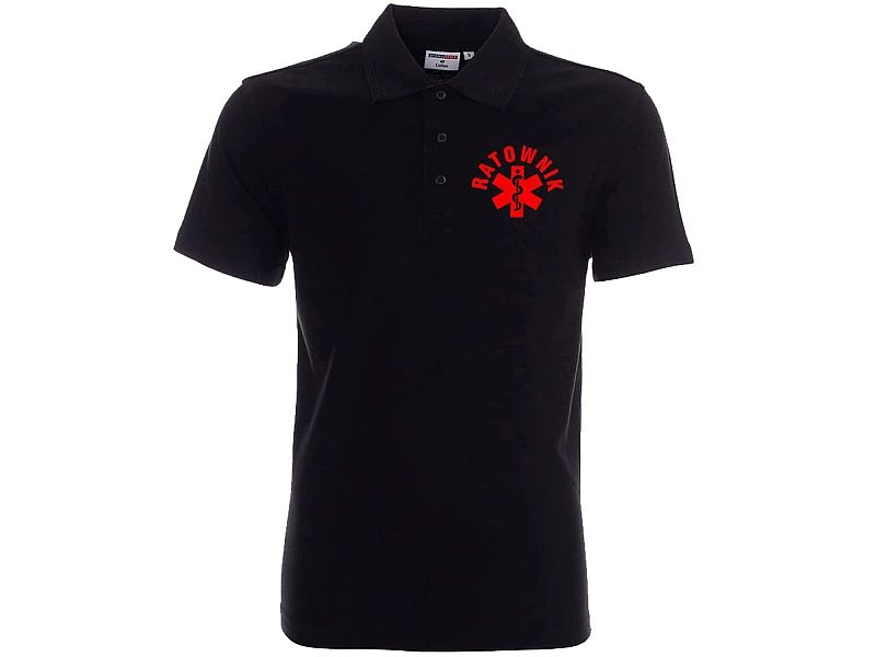 Koszulka Polo ratownicza czarna męska FUNKCYJNA - nadruk FLUO przód (X