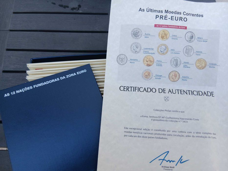 Caixa moedas as 12 nações fundadoras da zona euro